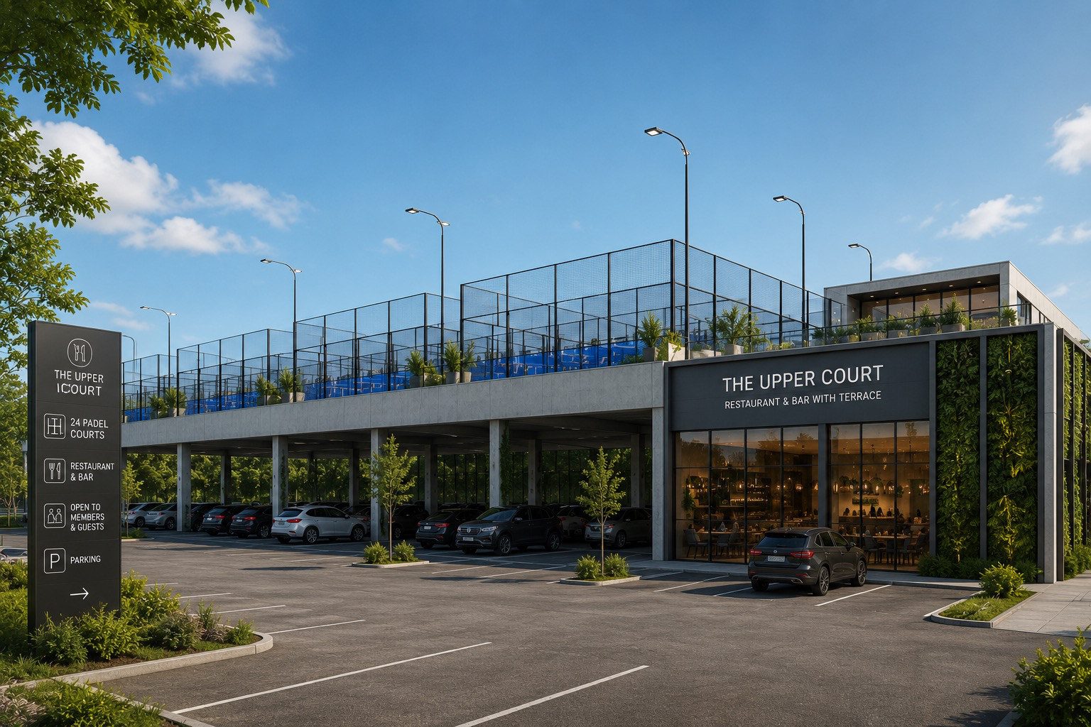 The arrival: restaurant and bar entrance beneath the elevated courts