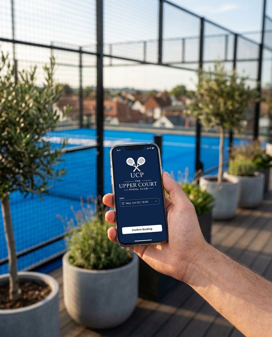 The UCP app in hand, booking a court above the rooftop deck