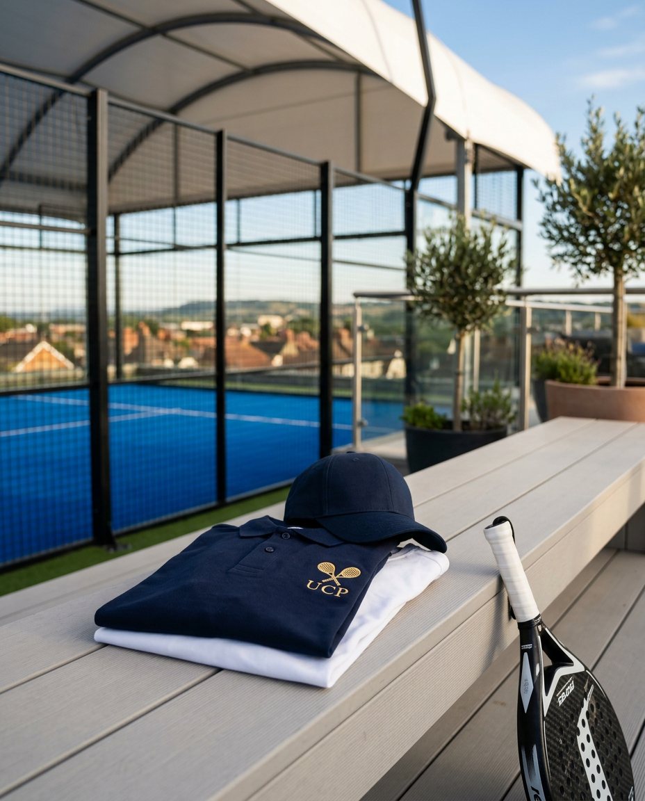 Folded UCP polos and cap on a courtside bench, racket alongside
