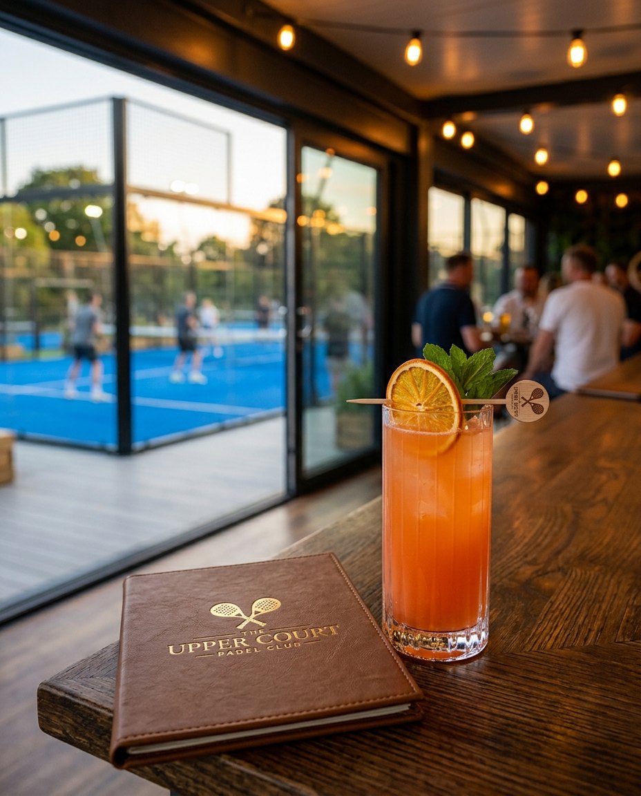A cocktail at the bar, the courts glowing through the glass