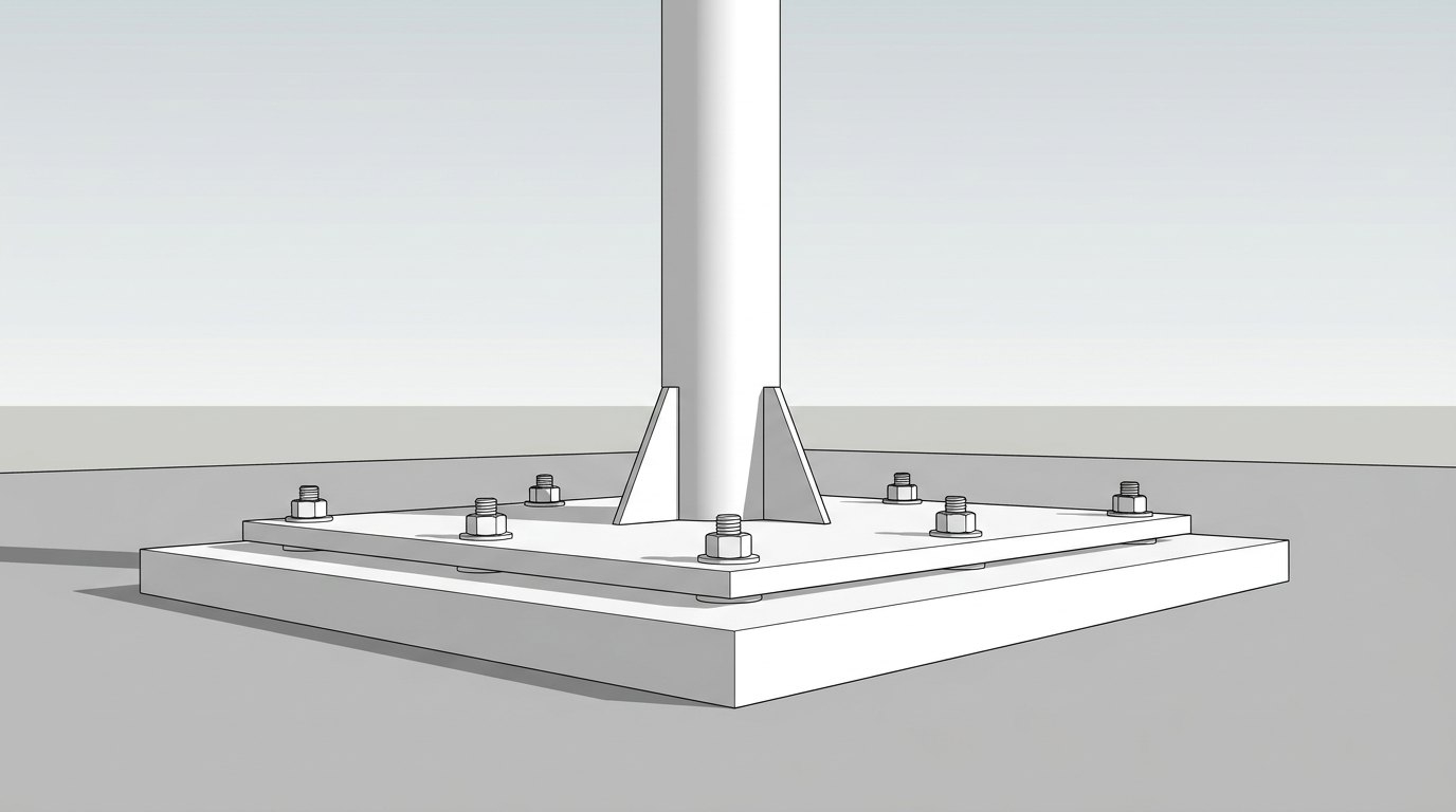 A single column meeting a large base plate anchored to a foundation