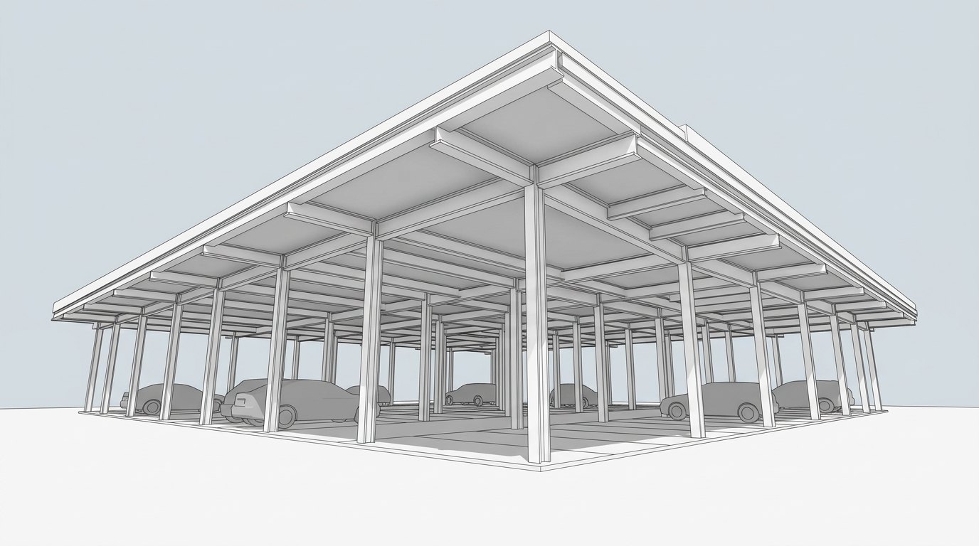 The primary steel frame seen from underneath, columns and beams