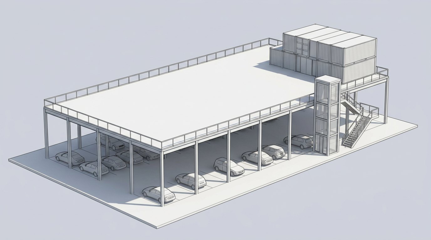 Massing model of the raised deck on columns with a two-storey module at one end