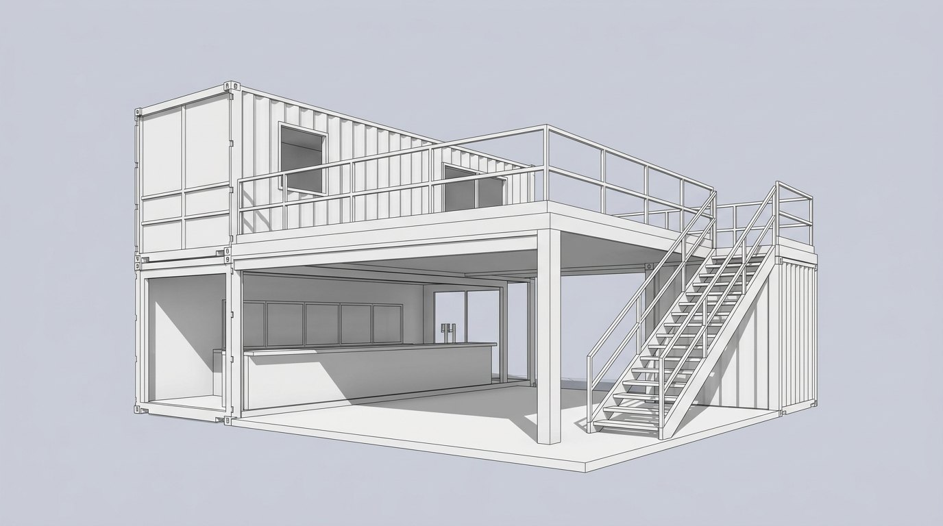 Two-storey modular unit, open frame option
