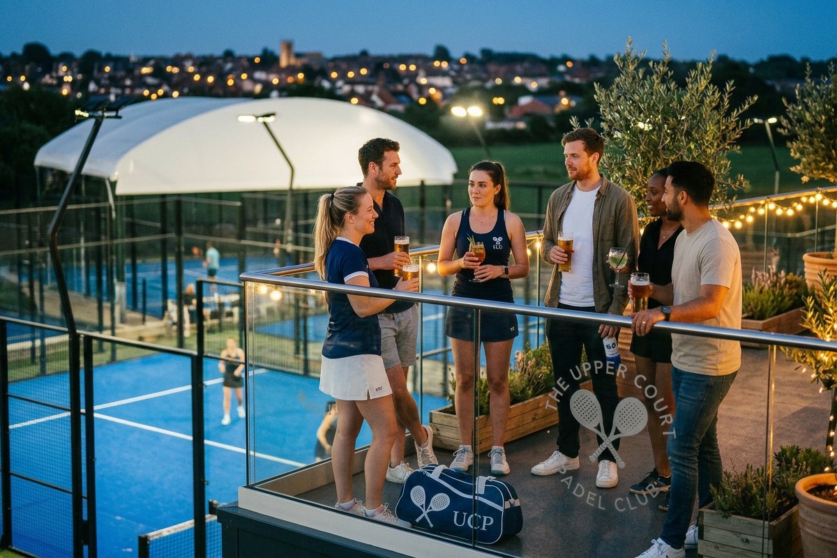 Colleagues with drinks at the terrace rail at dusk, courts below
