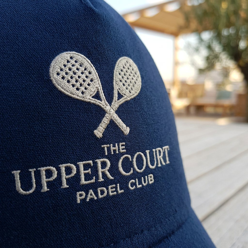 The UCP crest embroidered on navy fabric