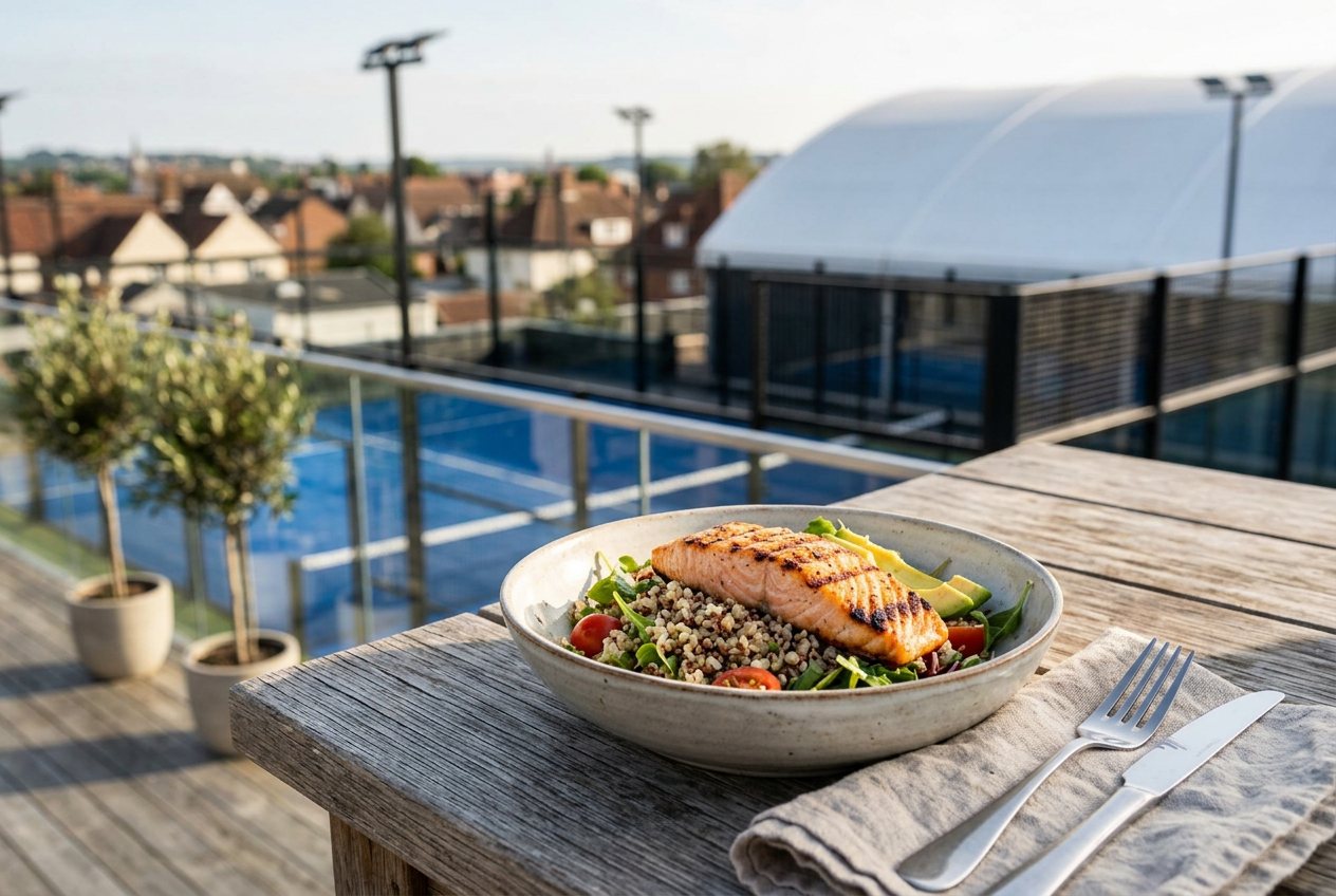 Grilled salmon and grain bowl on the terrace table, the canopied courts beyond