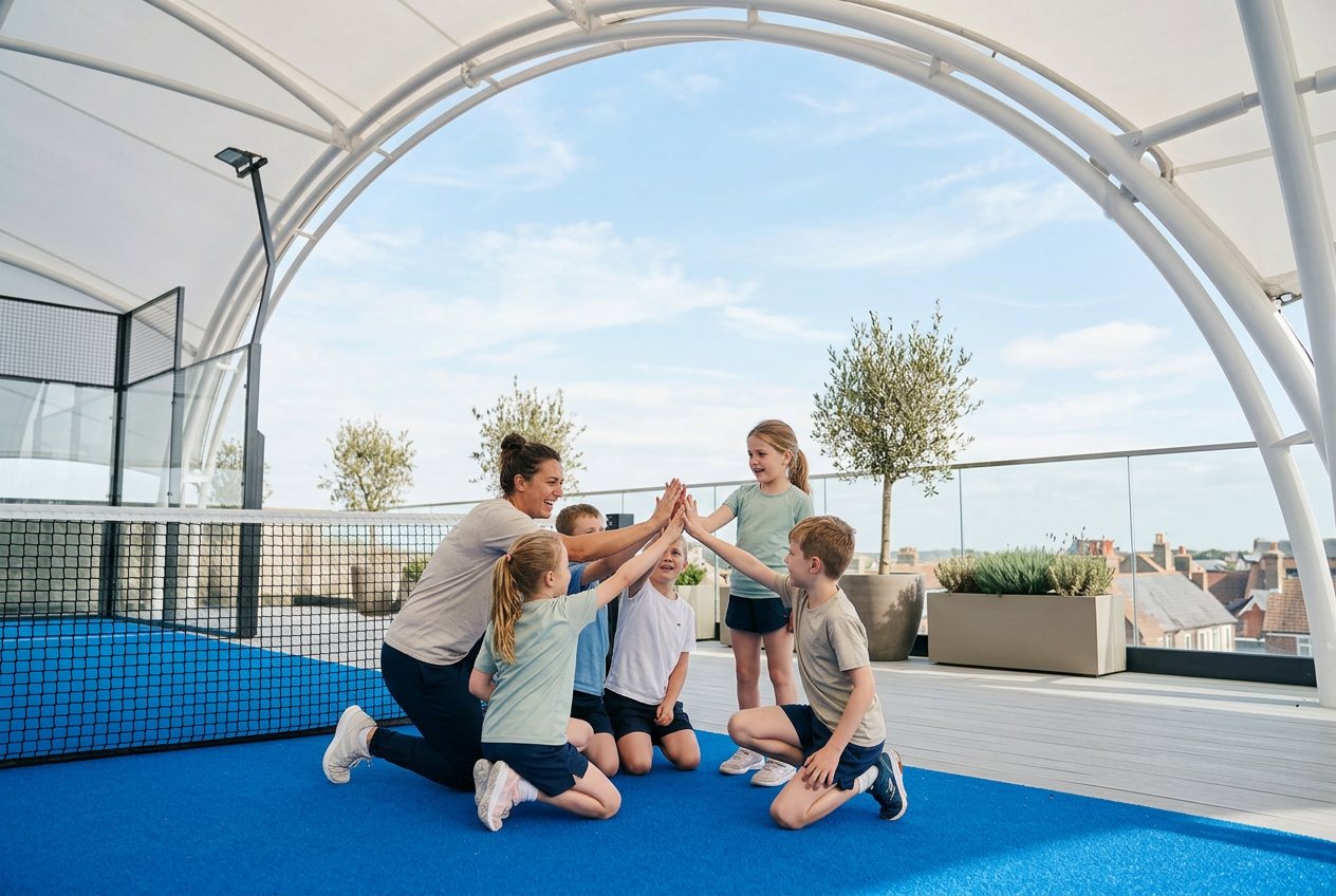 A coach and juniors mid high-five beneath the canopy arch