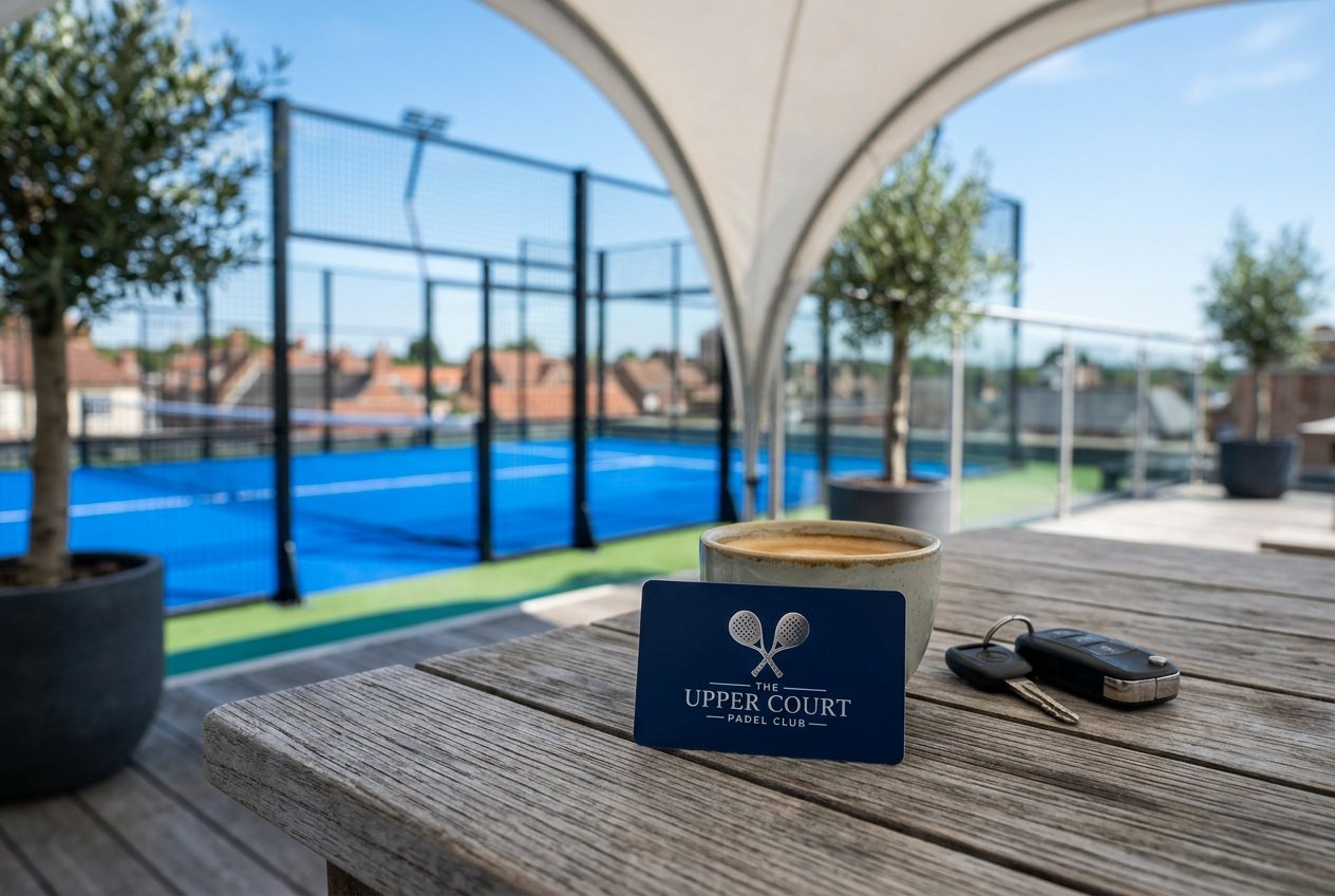 The navy founding membership card beside a coffee and car keys on the terrace table