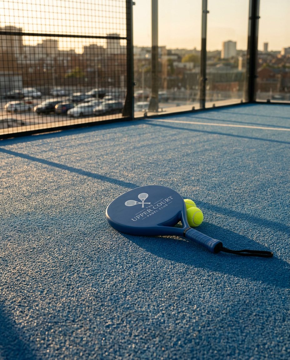 A UCP racket and ball on the blue court surface at golden hour