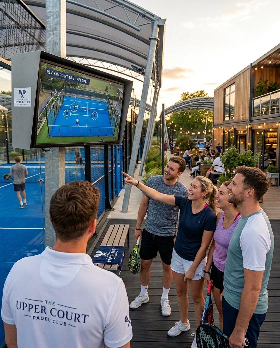 Players reviewing a point on the courtside replay screen