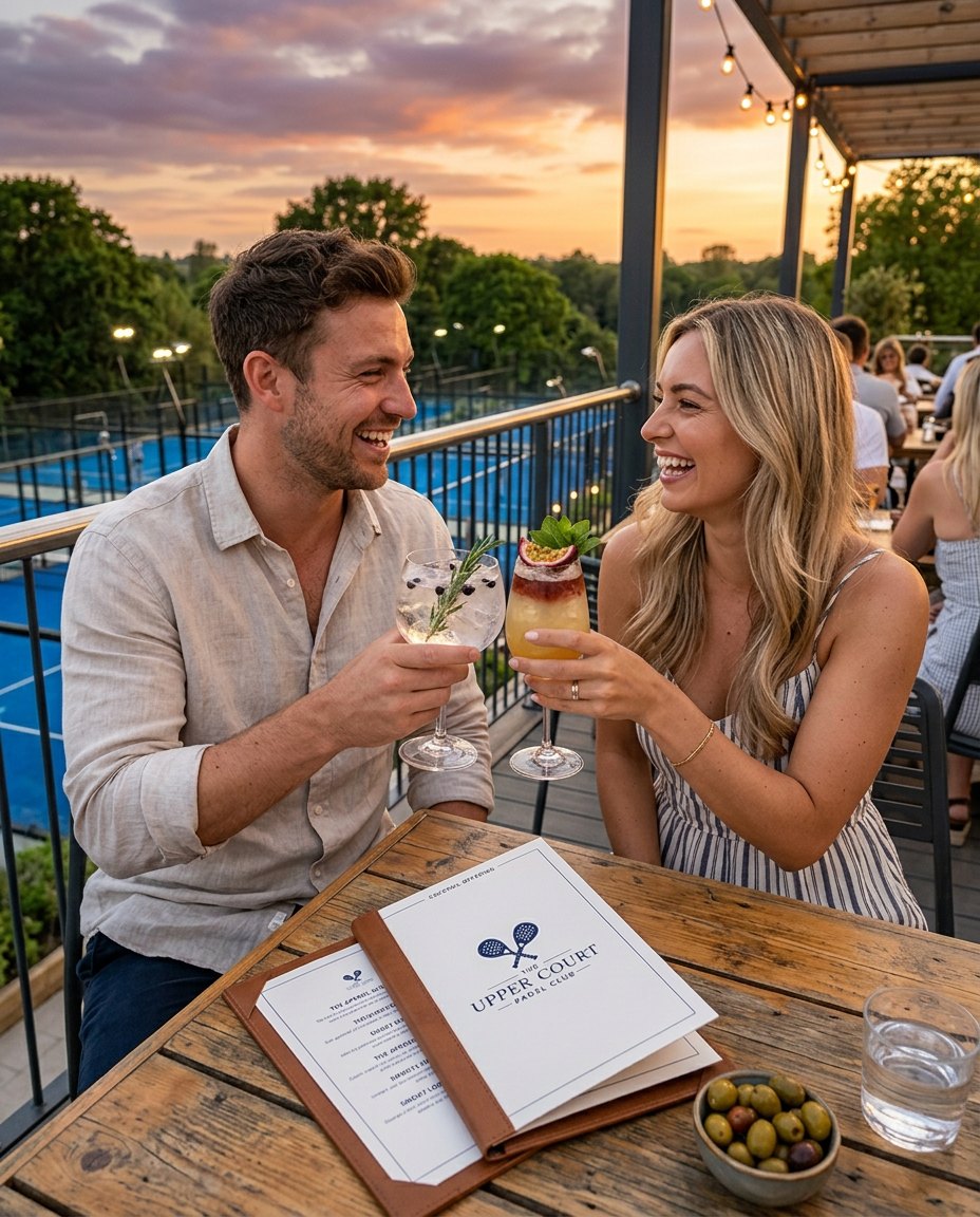 A couple toasting cocktails on the terrace at sunset, courts below