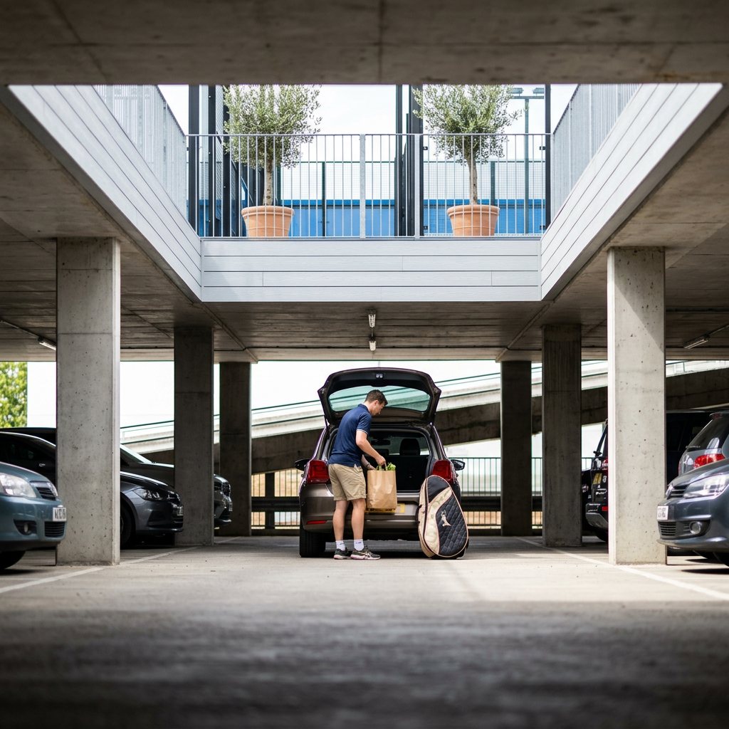 A member loading groceries and his racket bag into the boot beneath the courts