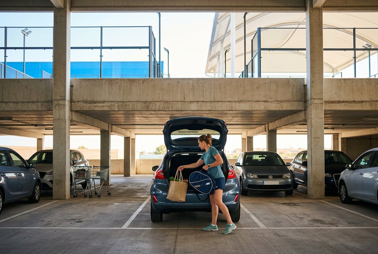 A member loading shopping and a racket bag into her car beneath the courts