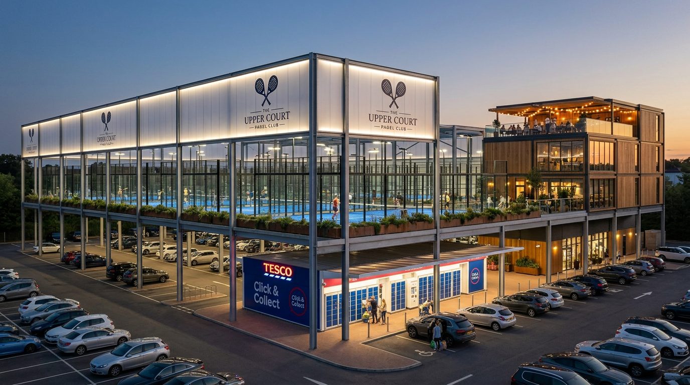 The Upper Court at dusk: branded fascia, clubhouse and courts above a working Tesco Click & Collect
