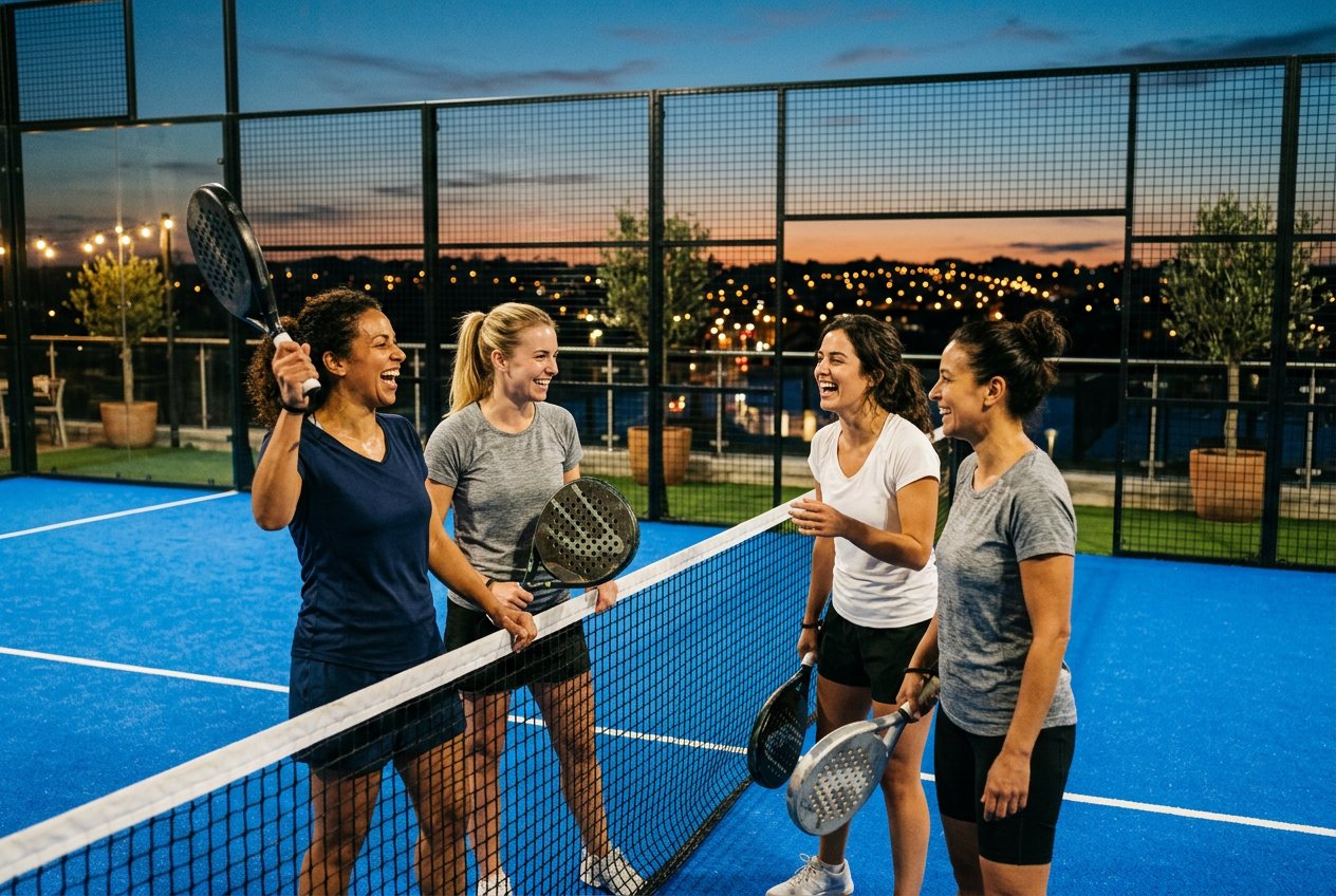 Four members laughing at the net after an evening social match